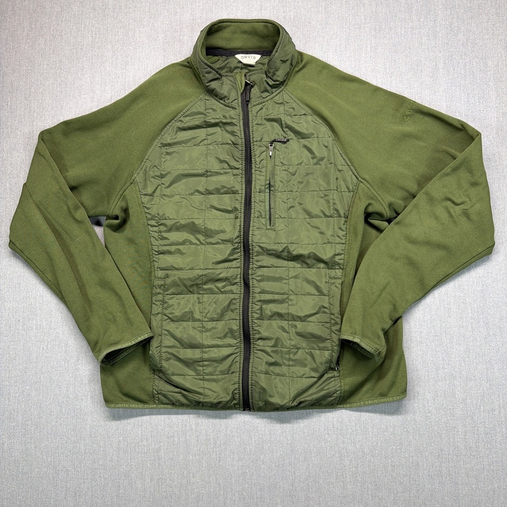 Orvis Full Zip Jacket Mixed Media Olive‎ Green Quilted Lightweight Mens Sz Large